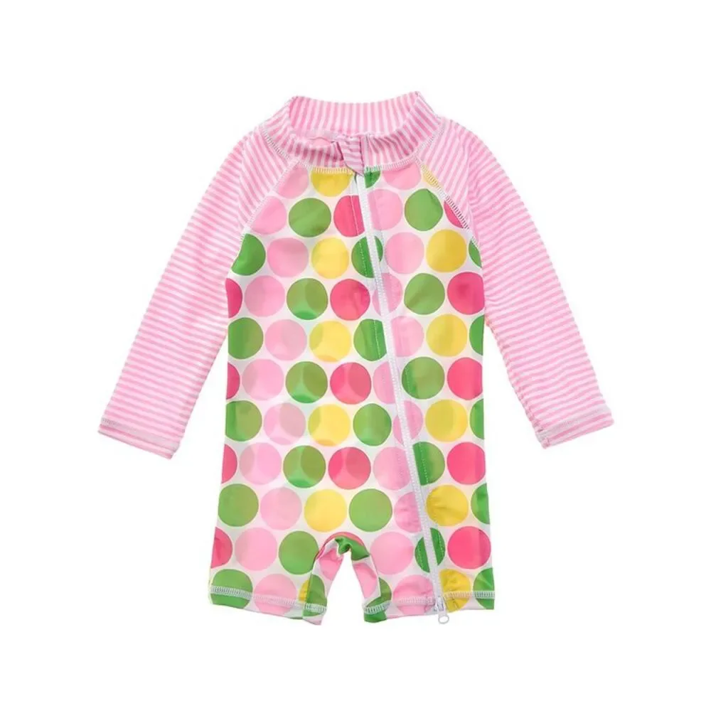 Flap Happy Girls Spring Dots Rash Guard Romper, Pink